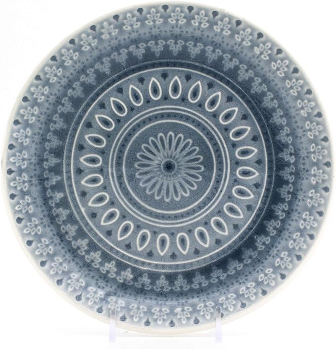 Euro Ceramica Fez 16 Piece Double Bowl Stoneware Mandala Pattern Design Dinnerware Set Service for 4 Grey