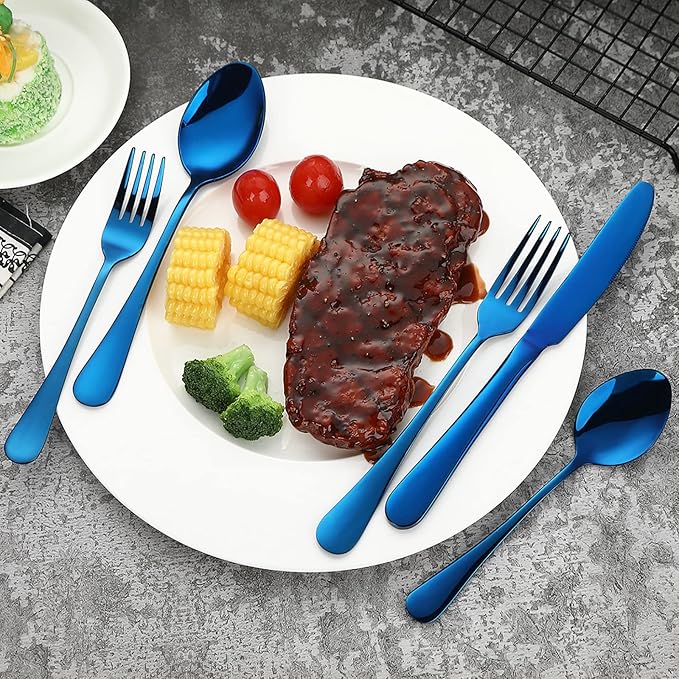 Blue Silverware Set Flatware Cutlery - 20 Pieces Stainless Steel Tableware Set Service for 4Include Fork Knife SpoonMirror PolishedDishwasher Safe
