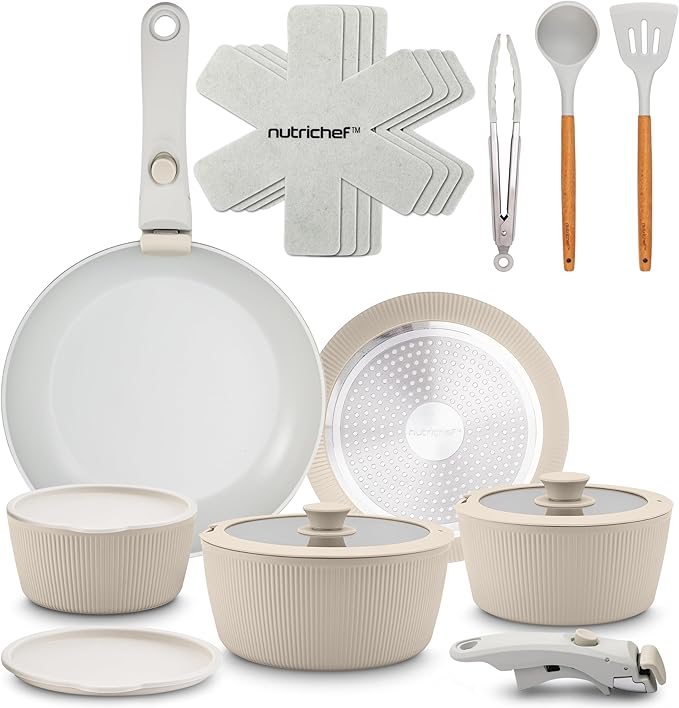 NutriChef 18-Piece Ceramic Cookware Set with Detachable Handles Non Stick Pots and Pans PTFE-Free Natural Ceramic Coating Space-Saving Design Oven &amp Stove Safe Includes Utensils Cream