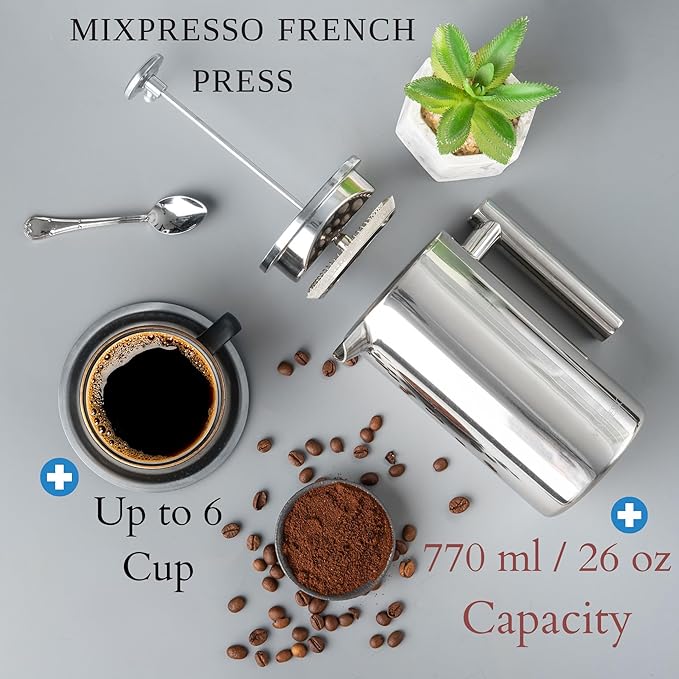 Mixpresso Stainless Steel French Press Coffee Maker 26 Oz 770 ml Double Wall Insulated French Press Stainless Steel Easy Clean Tea Brewer Easy Press Durable Metal Coffee Press