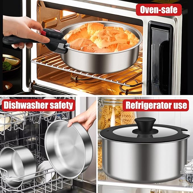 Stainless Steel Cookware Set 6pcs Wok Pots and Pans Set Non Stick with Detachable Handle Induction Cookware Set Kitchen Cooking Sets RV/Camping Cookware Dishwasher &amp Oven Safe6pcs