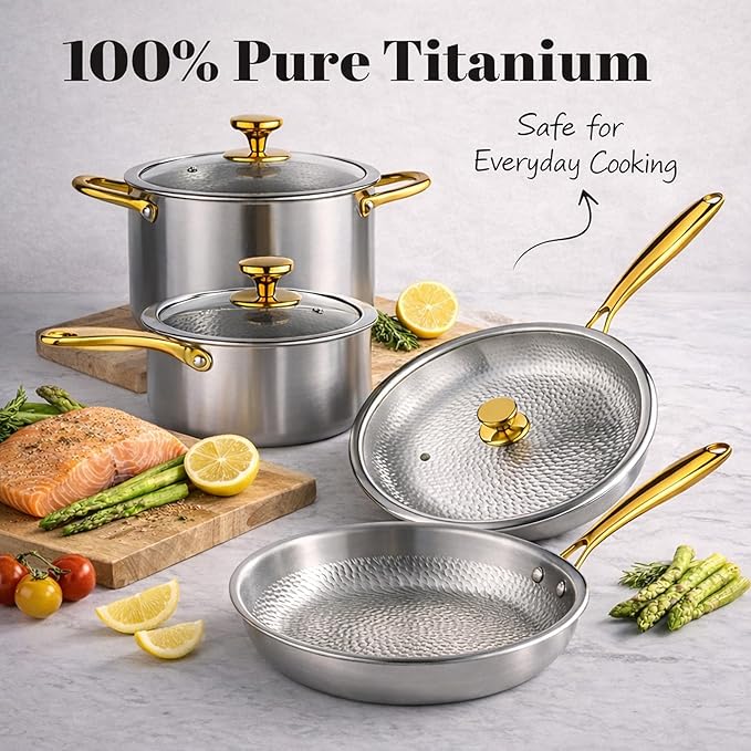 100% Pure Titanium Pan Pro Cookware Set 18cm Milk Pan + 24cm Stock Pot + 28cm Hammered Fry Pans Induction &amp Gas Compatible Easy Clean Oven &amp Dishwasher Safe (7.08+9.44+9.44in)
