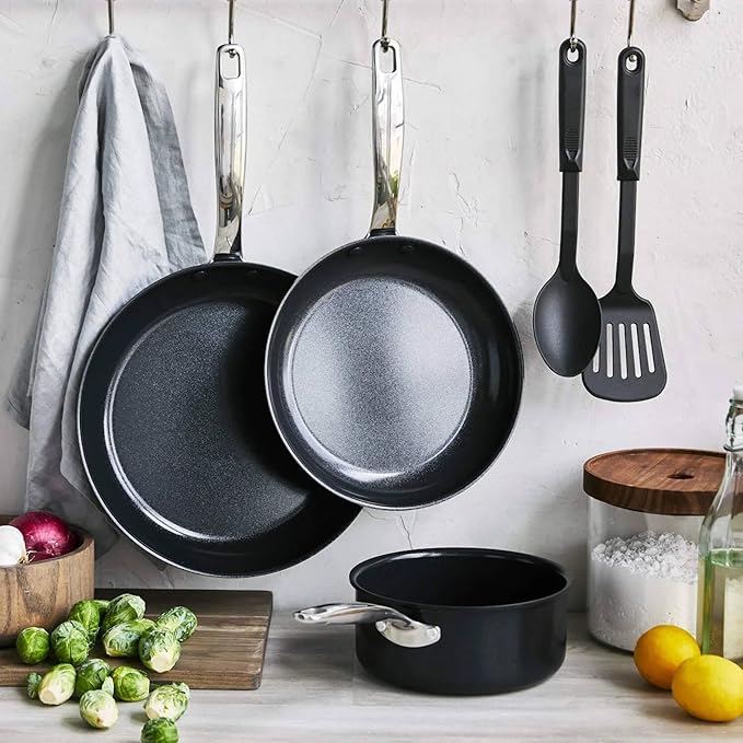 5-Piece Ceramic Nonstick Cookware Set with Frypans Saucepan Nylon Turner and Spoon Hard Anodized Oven Safe to 600°F Dishwasher Safe