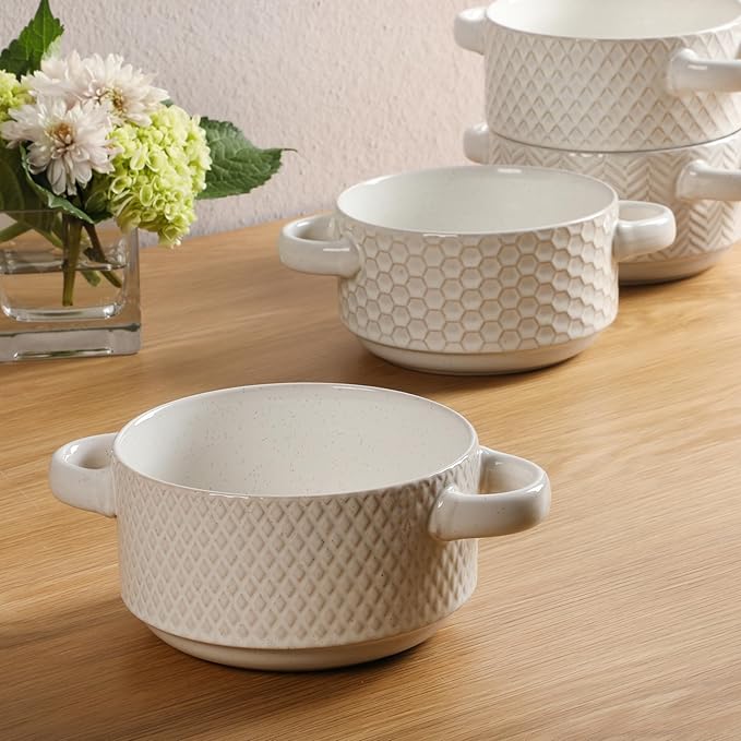 Gibson Elite Oyster Tide Embossed 6 Inch Soup Bowls with Handles. French Onion Soup Crocks Stackable Soup Bowl Chili Beef Stew Reactive Glaze Stackable Ceramic Bowl Set of 4 White