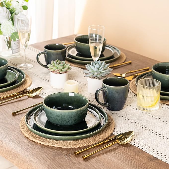 GBHOME Ceramic Dinnerware Sets for 8 24 Pieces Stoneware Plates and Bowls Sets Reactive Glaze Dishes -Scratch Resistant Dishwasher&ampMicrowave Safe Earth Green
