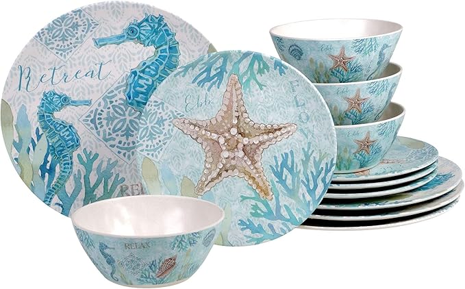 Misc Beachcomber 12-Piece Dinnerware Set (Service for 4) Blue Multi Color White Coastal Modern Contemporary 12 Piece Dishwasher Safe