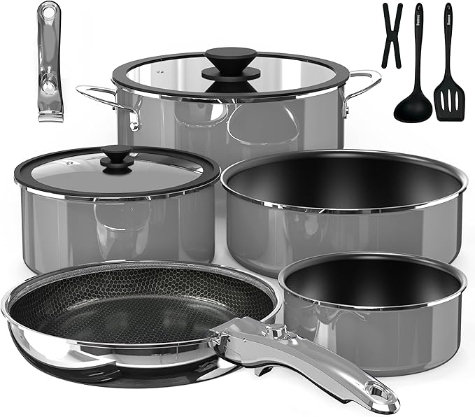Pro DUXANO Ceramic Pots and Pans Set 2026 Upgraded Hybrid 3-Ply Stainless Steel Skillet 2X Non Stick High Heat Sear PFAS PTFE PFOA Free Non Toxic Induction CookwareRemovable HandleOven Safe12PC