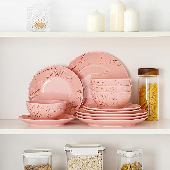 LOVECASA Pink Dinnerware Sets for 4 12 Piece Porcelain Plates and Bowls Sets Gold Splash Dish Set Modern Ceramic Dinner Set Dishwasher Microwave Safe