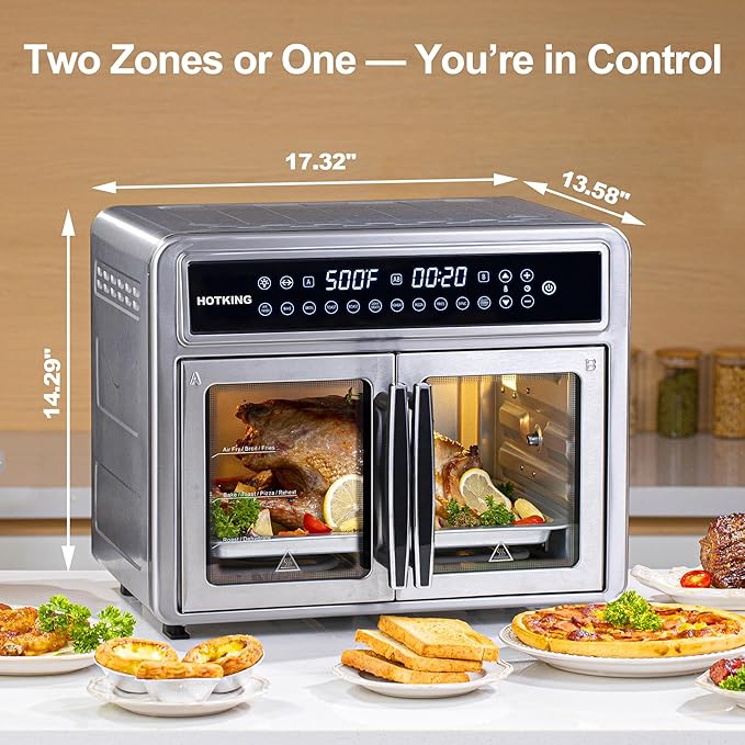 HotKing Dual-Zone Air Fryer Toaster Oven Combo 28 QT Extra Large Non Toxic Stainless Steel Convection Oven with French Door Countertop Airfryer with Window Racks Rotisserie Dehydrator ETL Rated