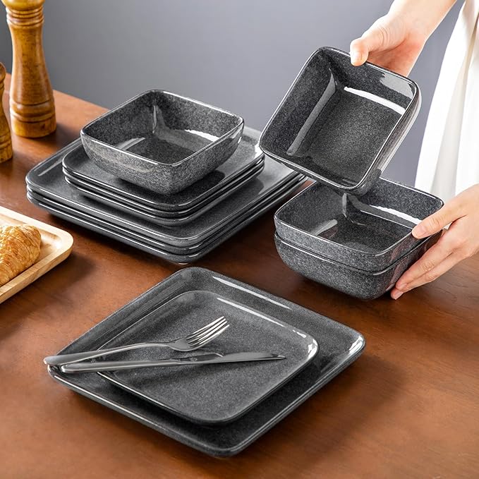 vancasso Stern Gray Dinner Set Square Reactive Glaze Tableware 12 Pieces Kitchen Dinnerware Stoneware Crockery Set with Dinner Plate Dessert Plate Bowl Service for 4