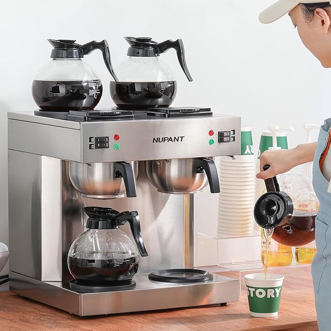 Dual Drip Commercial Coffee Maker 200 Cup/hour 7.2L Pour Over Coffee Machine with 4 Glass Carafe and 4 Warmers Stainless Steel Double Coffee Brewer Staition for Restaurant and COFFEE Bar
