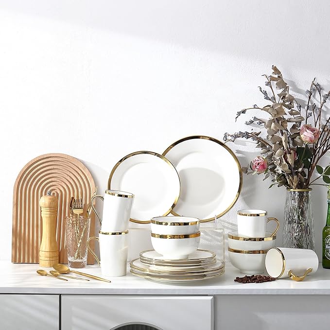 Modern Poreclain 16 Piece Dinnerware Set Plates and Bowls Set Dish set for 4 White And Golden RimDinnerware Sets With Gold Trim