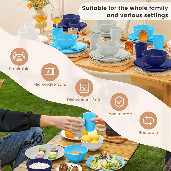 Homienly 40 PCS Wheat Straw Plates and Bowls Sets Cups Sets Service for 8 Unbreakable Microwave and Dishwasher Safe Dinnerware SetsReusbale Plastic Dishes Set - Island Matte