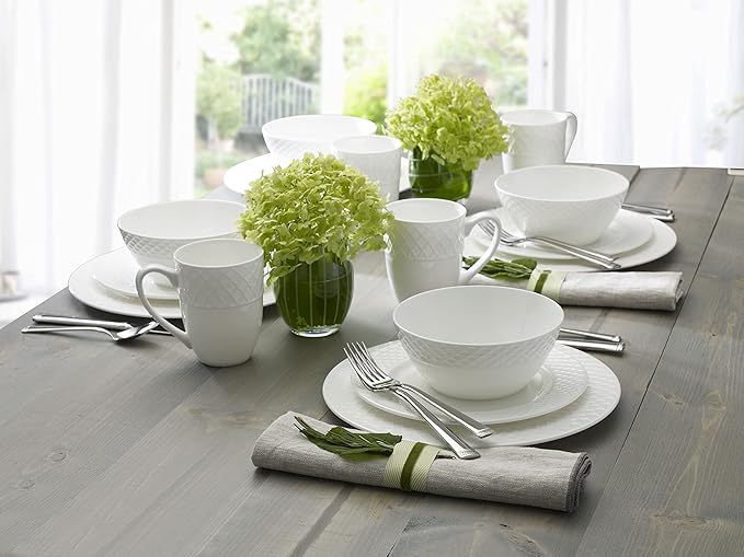 Mikasa Trellis Bone China 16-Piece Dinnerware Set Service for 4 White Lightweight Porcelain with Textured Design Chip-Resistant and Dishwasher Safe