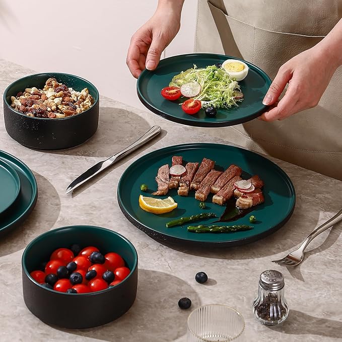 GZG Classic Series - Plates and Bowls Set for 8 24 Piece Stoneware Dinnerware Sets Microwave and Dishwasher Safe Lead-Free Handcrafted Ceramic Dishes Set - Malachite Green