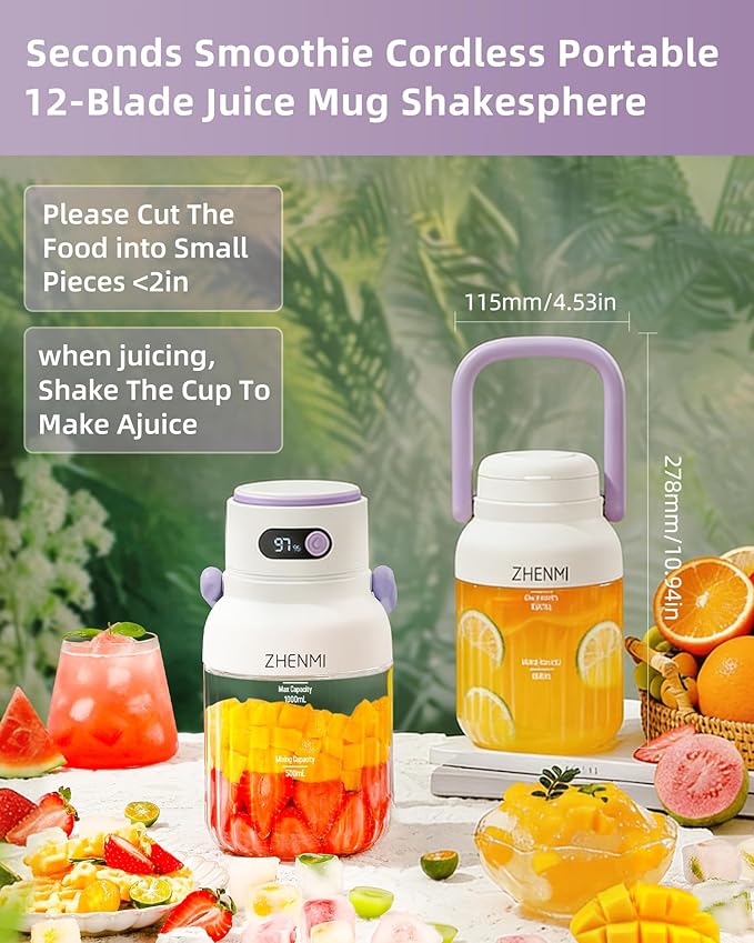 Portable Blender Personal Smoothie &amp Shake Blender 33oz BPA-Free Vessel Leakproof Lid with Sip Spout USB-C Rechargeable Detachable &amp Easy-to-Clean Purple