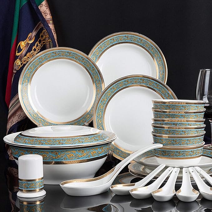 Dinner SetCeramics Dinner Set 22 Pieces Porcelain Dinnerware Sets | Bone China Soup Pot/Cereals Bowls/Steak Plates for Wedding Gifts and Restaurant