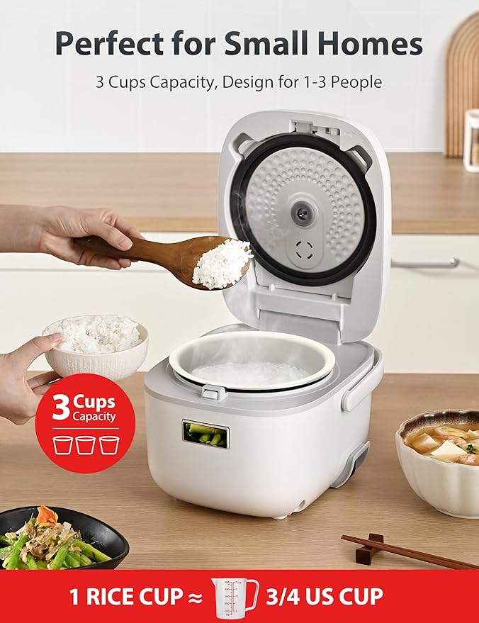 Toshiba Mini Rice Cooker 3 Cups Uncooked Small Rice Cooker Steamer &amp Warmer With Fuzzy Logic And One-Touch Cooking 24 Hour Delay Timer And Auto Keep Warm Feature White