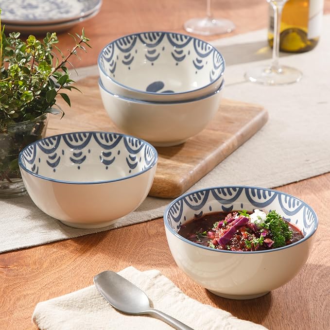 Bloomhouse - 2-Time Oprah’s Favorite Things - Valencia Flor 4 Piece 6” Cereal Bowl Set Stoneware Bowls Mediterranean Floral Decal Design Microwave &amp Dishwasher Safe Iris Blue