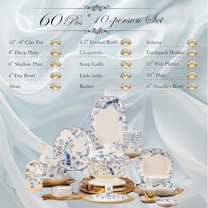 Fine Bone China Dinnerware SetPorcelain&ampCeramic Dinnerware SetsBone Stoneware &ampCeramic Cookware Tableware Set Includes Dinner Plates|Spoons|Pasta Bowls|Soup Pot|Chopsticks (60 PCS)