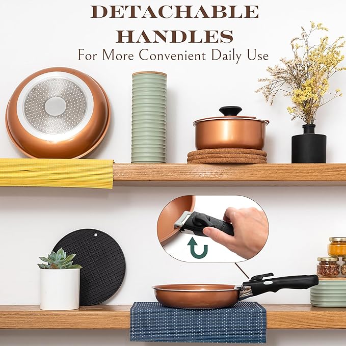 Moss &amp Stone Copper Pots And Pans Set Nonstick Removable Handle Cookware Stackable Pots And Pans Set Dishwasher safe Induction Pots And Pans Camping Cookware Set Aluminum (7 Pcs)