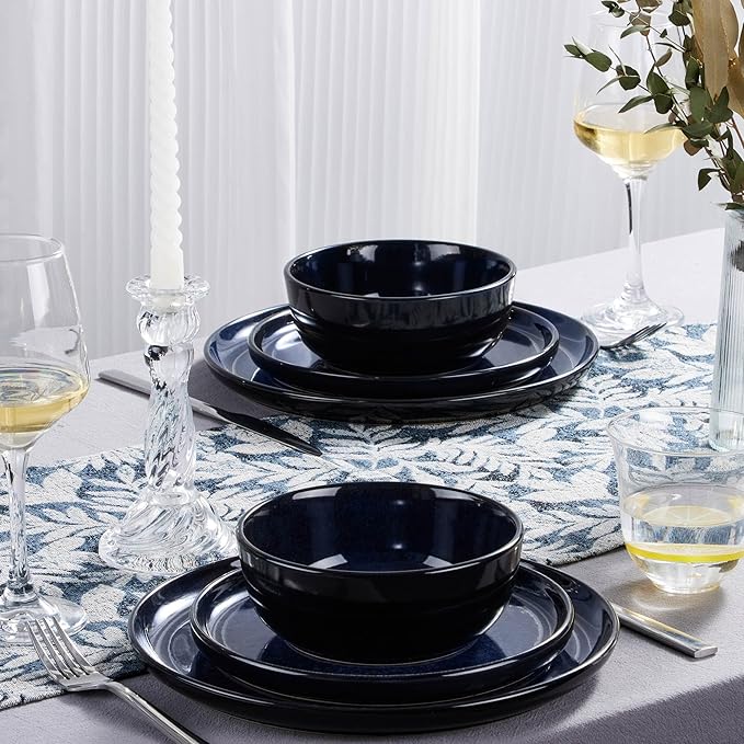 LIANYU Stoneware Dinnerware Sets with Pasta Bowls 16 Piece Plates and Bowls Dishes Set for 4 Dishwasher Safe Dining Ware Dishware for Home Kitchen Microwave Safe Midnight Blue