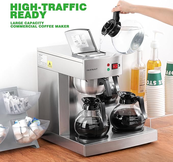 12 Cup Commercial Coffee MakerDrip Coffee Maker Machine with 3 Warmers Plate and 3 Glass Decanters Stainless Steel Pour Over Commercial Coffee Brewer for Restaurant Office Cafe Use