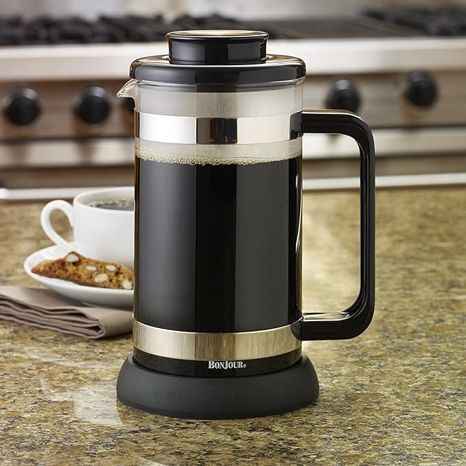 BonJour Coffee Borosilicate Glass French Press with Coaster &amp Scoop 33.8-Ounce Riviera Black