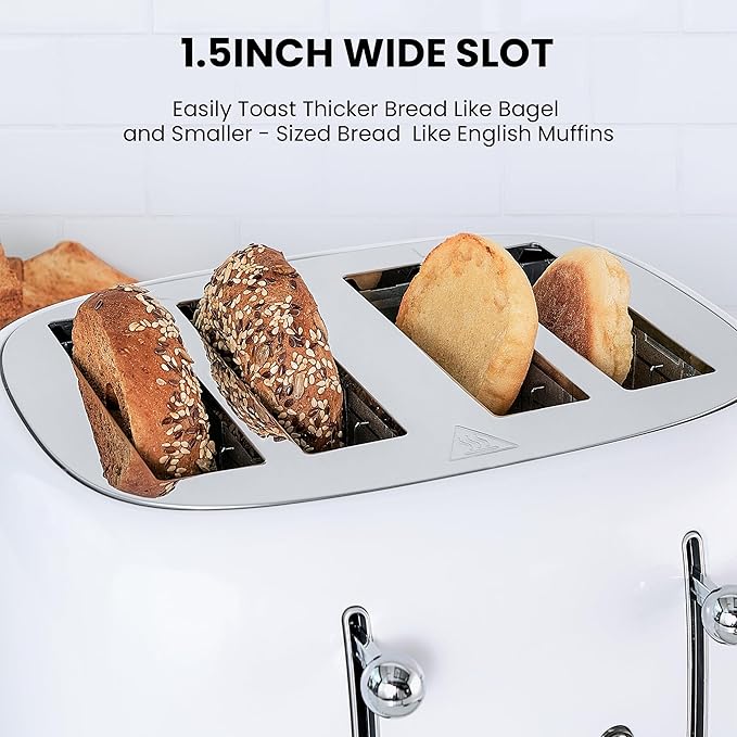 Roter Mond 4 Slice Toaster Retro Stainless Steel with Bagel Defrost Cancel Function 6 Browning Settings Extre Wide Slot and Removable Crumb Tray White ST033