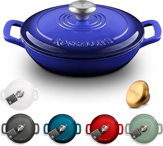 Signature Enameled Cast Iron Braiser Non-Stick Serving Pot with Tight Fitting Lid for Perfect Roasting Baking Sauteing Searing and Pan Frying | 5Q (4.7L) - Indigo Blue