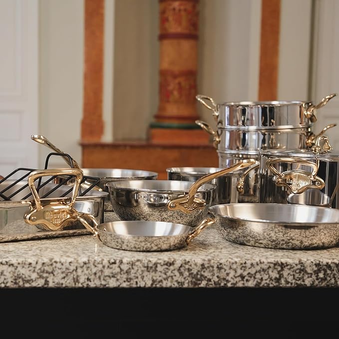 Mauviel M'Cook B 5-Ply Polished Stainless Steel 7-Piece Cookware Set With Brass Handles Made In France