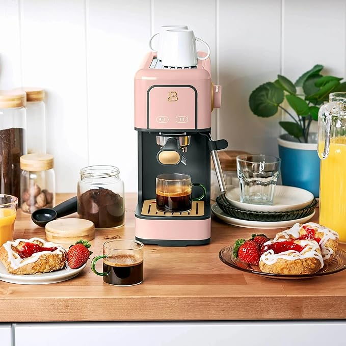 B Slim Espresso Maker by Drew Barrymoree with 20-Bar Pressure Touch-Activated Display and Steam Wand for Latte &amp Cappuccino (Rose)
