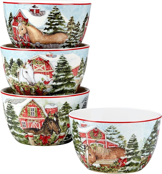 Homestead Christmas 16-Piece Dinnerware Set – Holiday Tableware for 4 with Festive Horse &amp Barn Scenes – Winter Ceramic Plates Bowls &amp Mugs – Farmhouse Country Christmas Décor