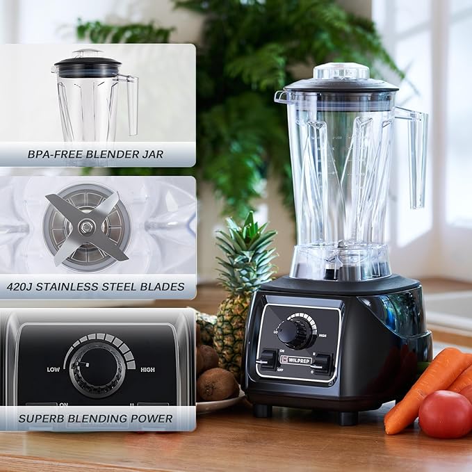 WILPREP Commercial Blender with 64 oz Jar 3.5HP Motor Stepless Control