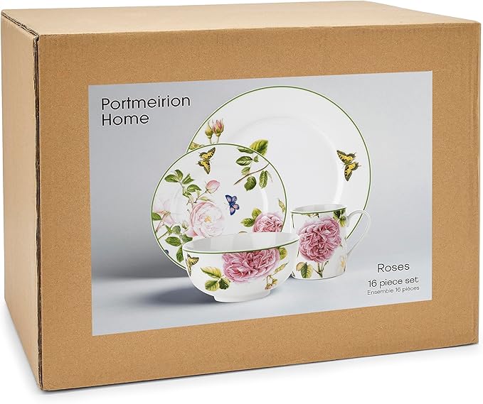 Portmeirion Home Roses 16 Piece Set - Delicate Pink Rose &amp Butterfly Pattern Dishwasher Safe Porcelain Dinnerware for Garden Parties Bridal Showers Tea Time &amp Family Gatherings - 10.5 Plat