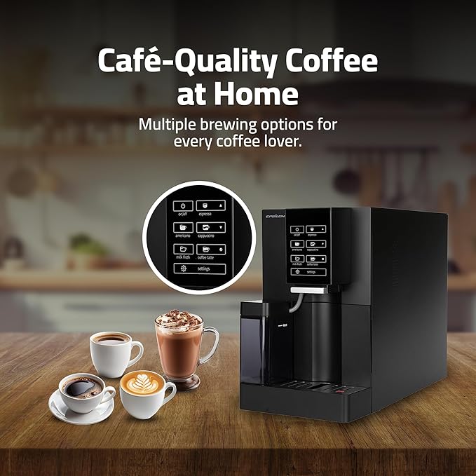 Epsilon Fully Automatic Coffee Machine with Grinder Coffee &amp Espresso Maker Combo Built-In Milk Frother One Touch Self Cleaning Super Automatic Custom Brewing Coffee Machine