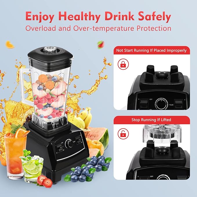 Heavy Duty Household Grade Smoothie JuicerAdjustable Speed Countertop Smoothie MixerLow Noise Self-cleaning Blender 24000-26000rpm 2L/68oz (Black)