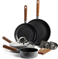 GreenPan Mayflower Pro Hard Anodized Healthy Ceramic Nonstick 9 Piece Cookware Pots and Pans Set Vintage Wood Handle PFAS-Free Induction Suitable Charcoal Gray
