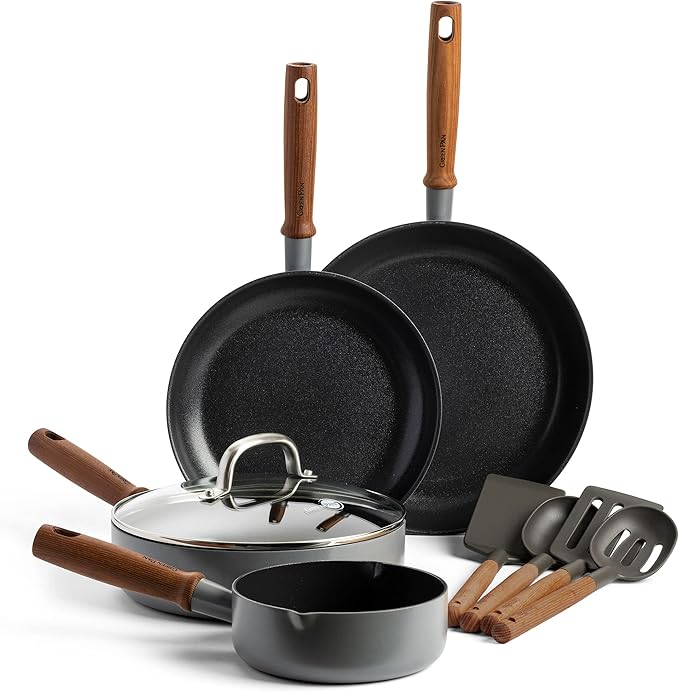 GreenPan Mayflower Pro Hard Anodized Healthy Ceramic Nonstick 9 Piece Cookware Pots and Pans Set Vintage Wood Handle PFAS-Free Induction Suitable Charcoal Gray