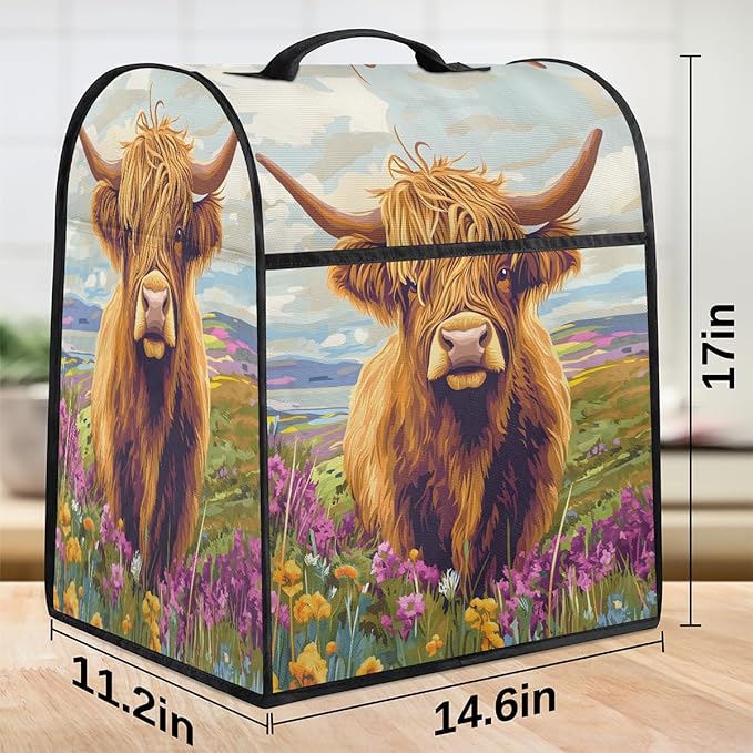 Kitchen Aid Mixer Cover Cute Highland Flowers Cow Stand Mixer Cover Compatible with 6-8 Quarts Stand Mixers Dust Covers with Zipper Pocket Foldable Washable Kitchen Aid Organizer Bag