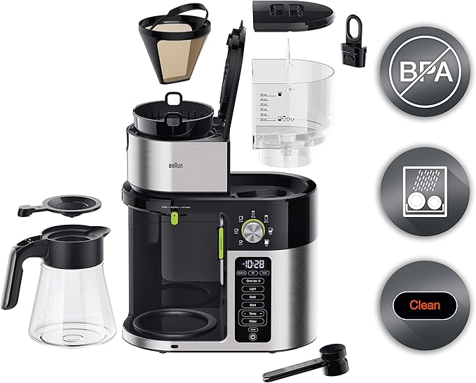 Braun MultiServe Coffee Machine 7 Programmable Brew Sizes / 3 Strengths + Iced Coffee &amp Hot Water for Tea Glass Carafe (10-Cup) Stainless/Black KF9150BK
