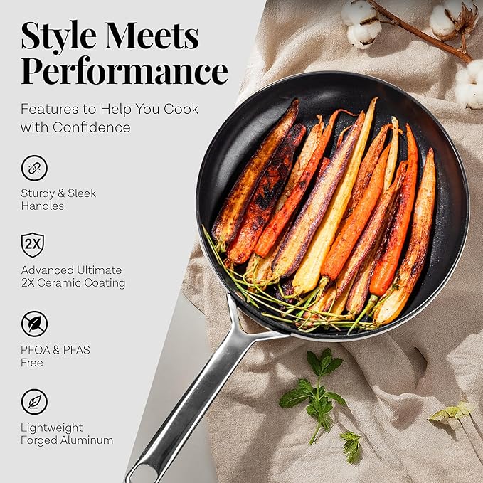 Gotham Steel Modern 11 Pc Ceramic Cookware Set Elegantly Designed Pots and Pans Set Non Stick with Steamer Induction Bottom Premium Stay Cool Handles Non Toxic PFOA Free Oven &amp Dishwasher Saf