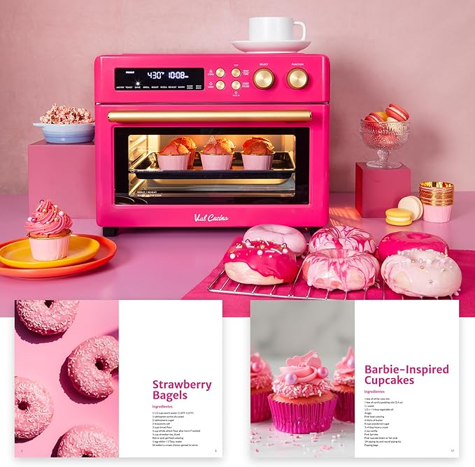 VAL CUCINA Limited Edition Happy Pink Infrared Heating Air Fryer Toaster Oven Extra Large Countertop Convection Oven 10-in-1 Combo 6-Slice Toast Enamel Baking Pan Easy Clean with Recipe Book