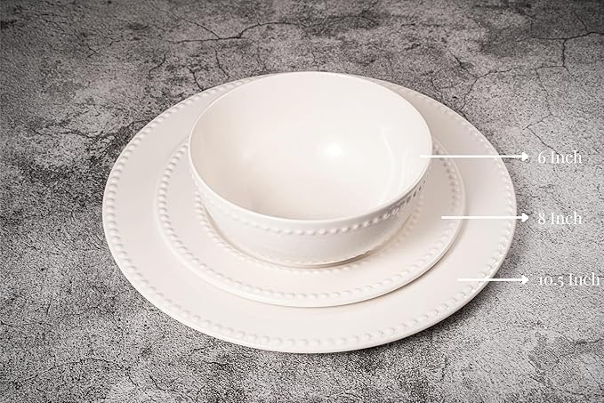 New Bone China 12 Piece Dinnerware Set Santorini Collection (Beaded) White Daily Use China Embossed Tableware Service for 4