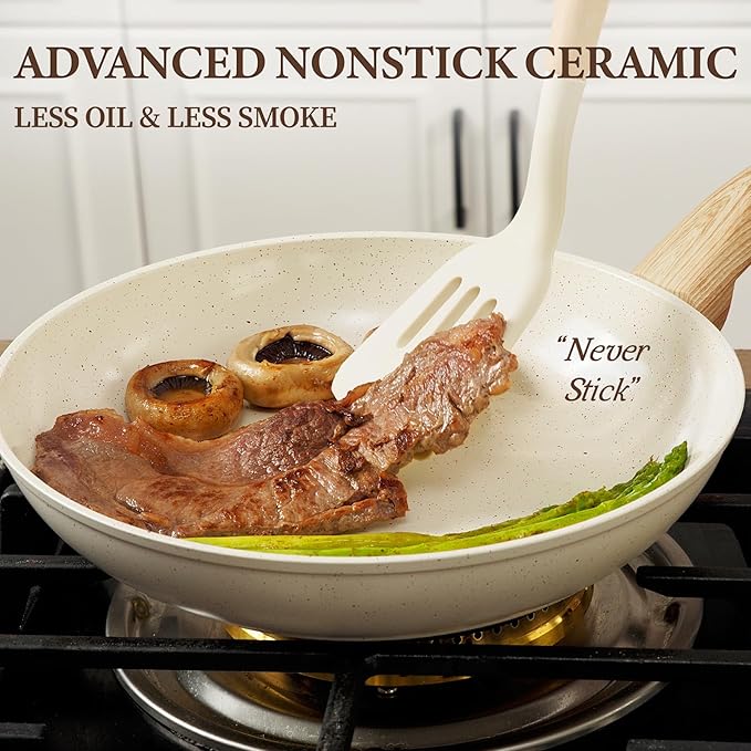 26Pcs Pots and Pans Nonstick Ceramic Cookware Set Nontoxic Kitchen Cooking Set with Steamers Utensils Induction Compatible PFAS/PFOA Free Oven and Dishwasher Safe Cream White