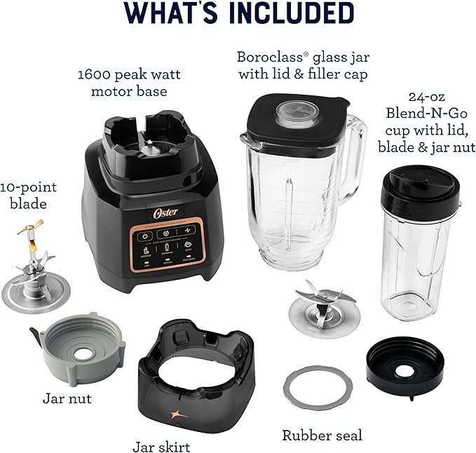 Oster Extreme Mix Blender 64oz Glass Jar 3 iBlend Preset Functions 1600-Watts 10-Point Blade Stack with Titanium Coating &amp 24oz Blend-N-Go Cup