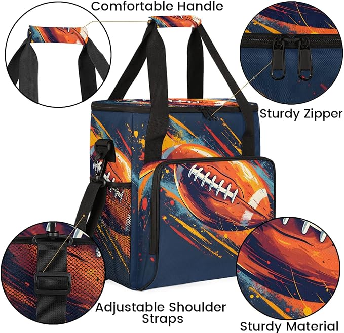 Football Pattern Coffee Maker Carring Bag Large Insulated Storage Organizer Case Tote Bags with Shoulder Strap for Travel Work Picnic