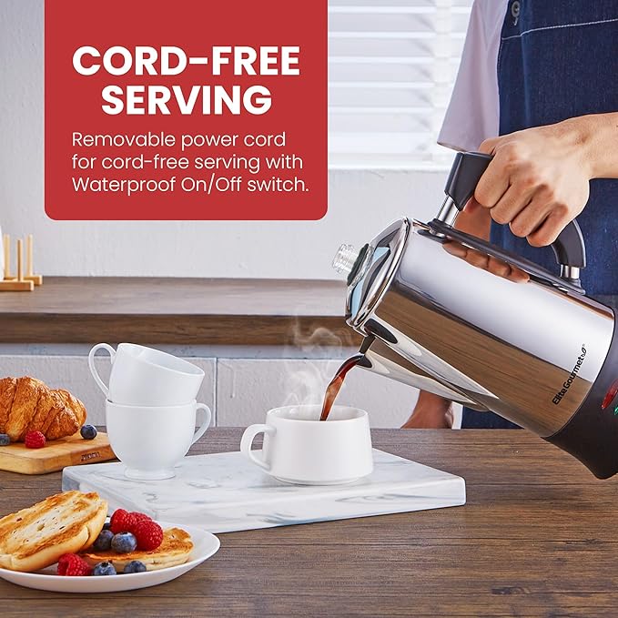 Elite Gourmet EC924 Electric Coffee Percolator BPA Free Keep Warm Clear Brew Progress Knob Cool-Touch Handle Cordless Serve 12-Cup Stainless Steel