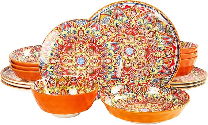 Mandala Dinnerware Sets (16 PCS) Serves for 4 Buffet Dinnerware Boho Plates and Bowls Set with 8.3 salad Plate 8.6/10.6dinner Plate 6.4 bowl apply Indoor Outdoor Dining