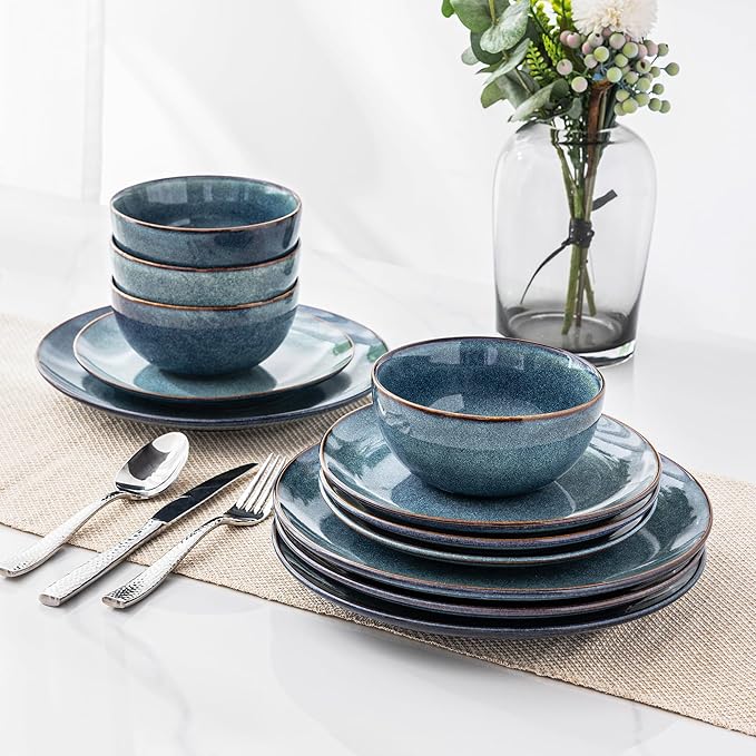 AmorArc Ceramic Dinnerware Sets for 4 12 Pieces Handpainted Plates and Bowls Set with Reactive Glaze Scratch Resistant Stoneware Dishes Set Dishwasher &amp Microwave Safe (16pc)